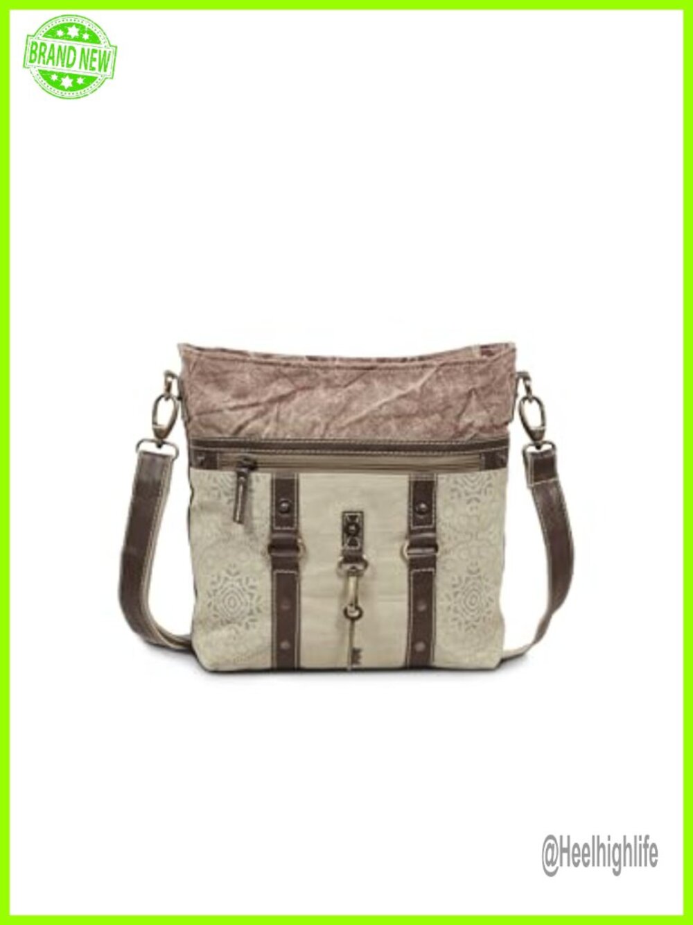 Upcycled Canvas Leather Crossbody Purse Brass Hardware Multi Pocket Messenger